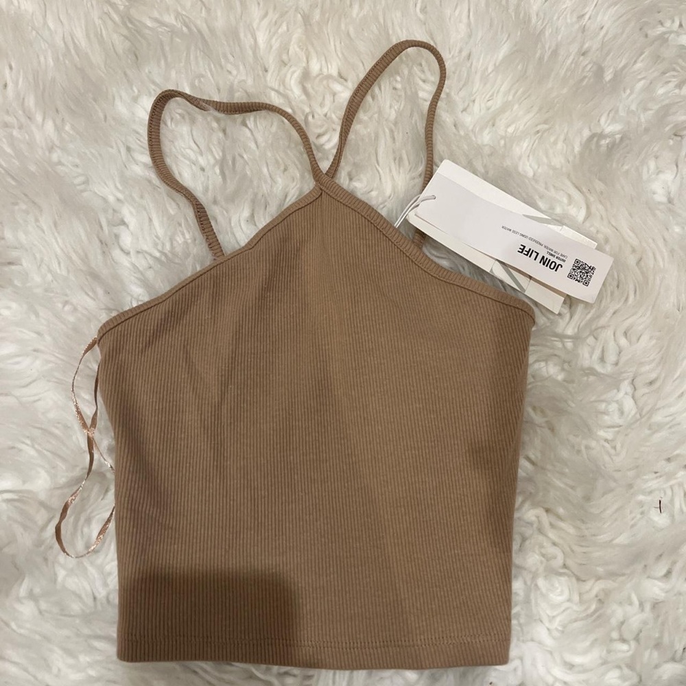 Zara tan colored crop top with criss crossed straps ribbed material size small